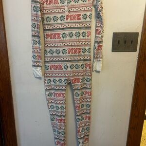 PINK Festive Fair Isle One-Piece Pajama Jumpsuit - Red & Green Sz small